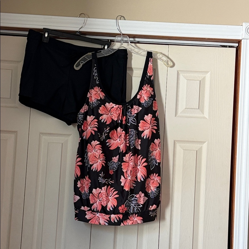 Black Floral Tankini Top with Pink Flowers